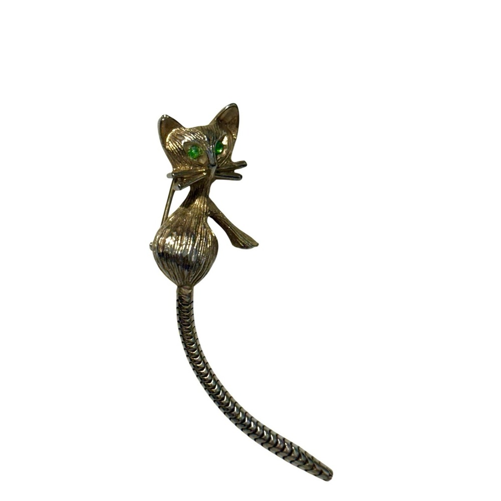 Vintage Gold Tone Green Rhinestone Eyes Wiggling Tail Siamese Cat Brooch Pin